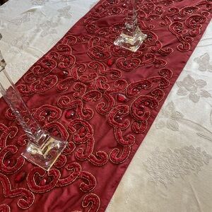 Kim Seybert Red Beaded Table Runner 14x72 Ornate Glam Dining Decor